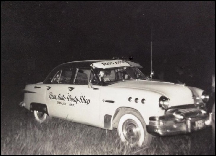 This photo was taken in 1953 at the Oshawa Motor Raceway. Ross Autobody was a sponsor at the Speedway. Courtesy of Glen Tustin